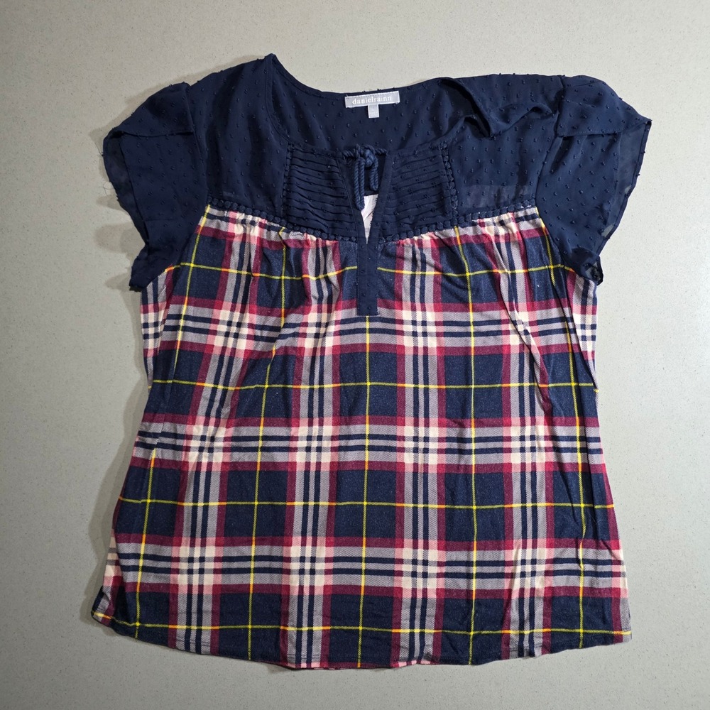 Daniel Rainn Navy Swiss Dot Plaid Mixed Media Blouse XL D19425RY2